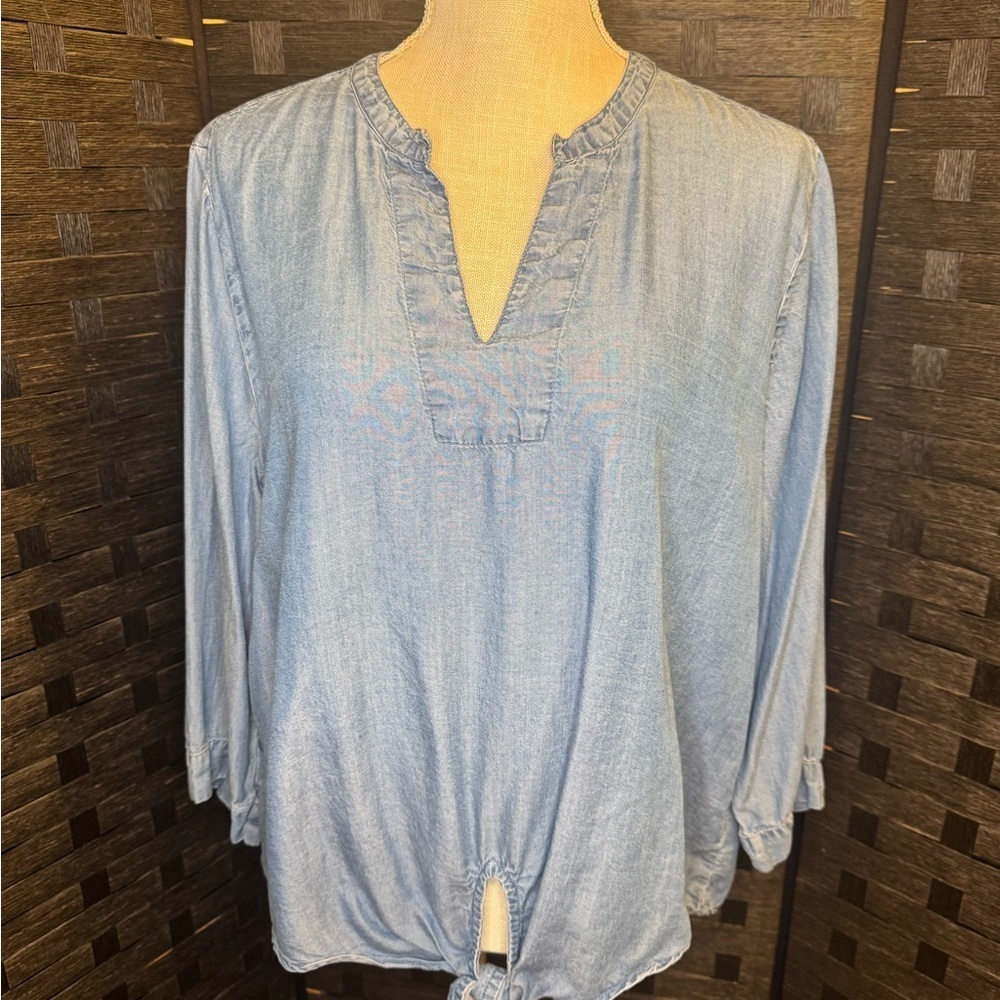 Casual Denim Blue Blouse with Tie-Front